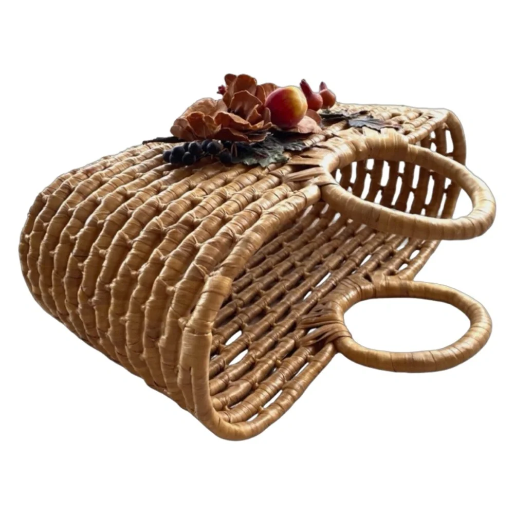 Handcrafted Woven Grass Reed Tote Handbag 16”x13”x 6” Floral Accent Summer